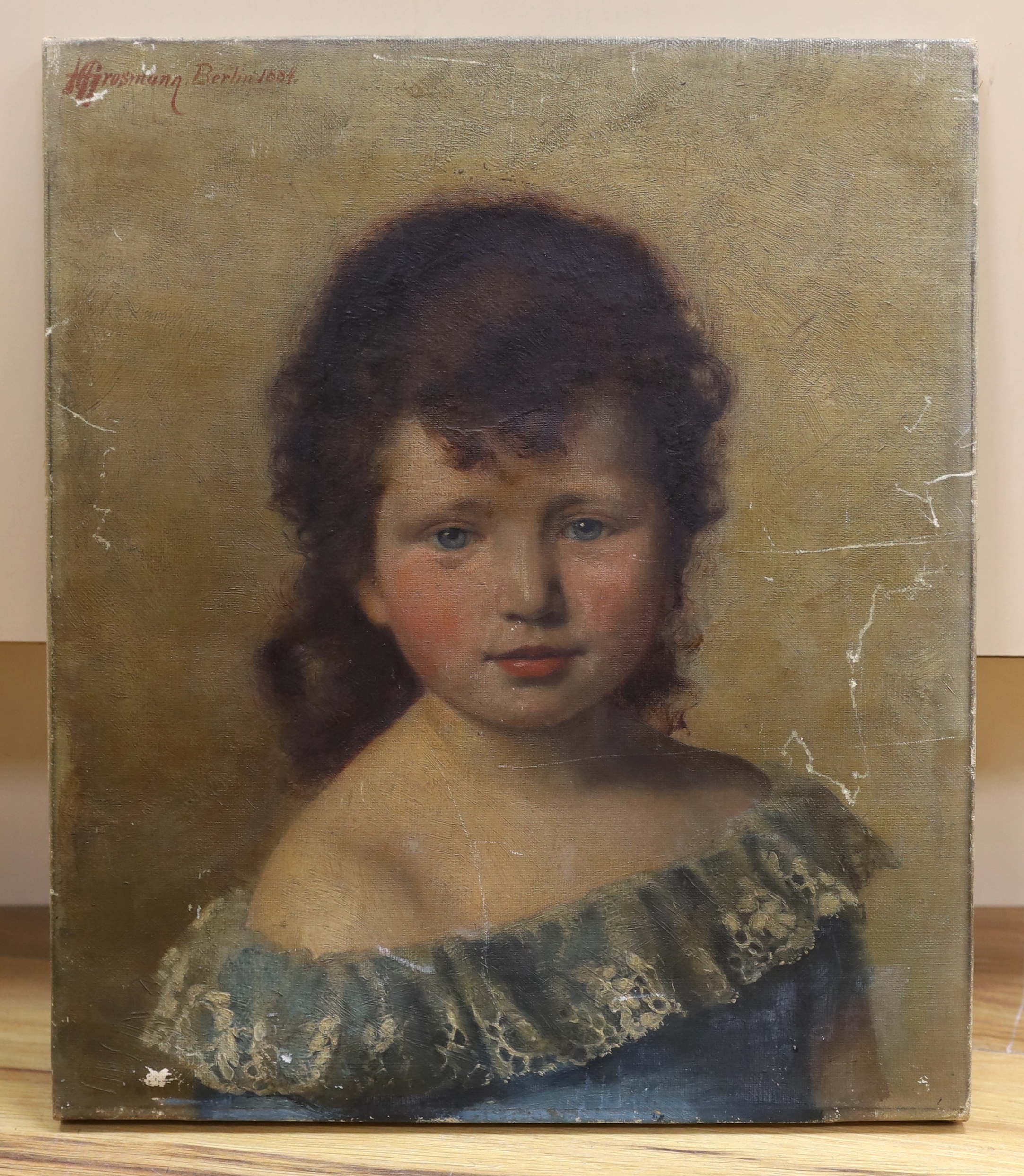 H. Grosmann (19th C.), oil on canvas, Portrait of a girl, signed and dated 1884, label verso, 37 x 31.5cm, unframed